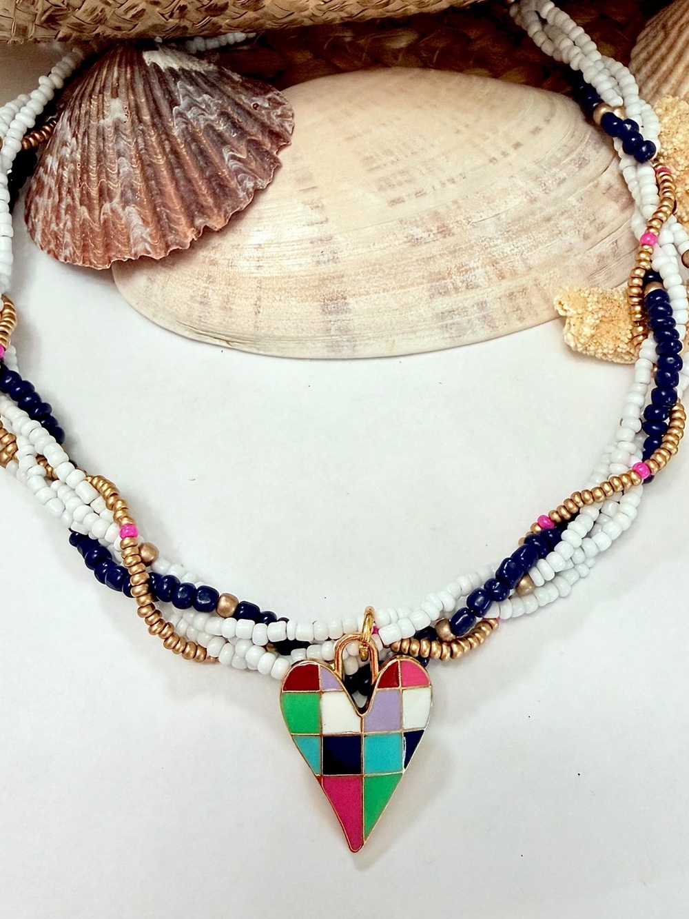 Plaid Heart Boho Beaded Necklace